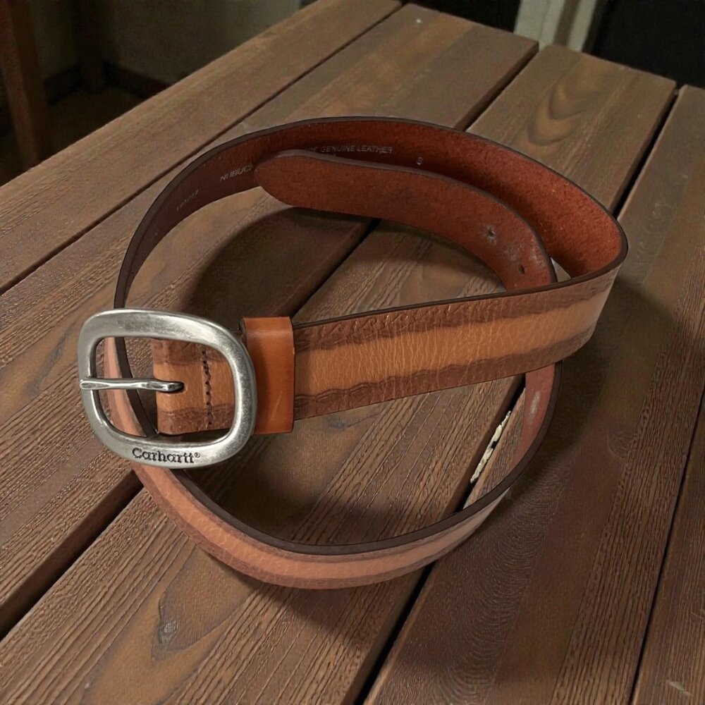 Carhartt Nubuck Leather Belt Brown Tooled Cowhide Silver Buckle 34” Small
